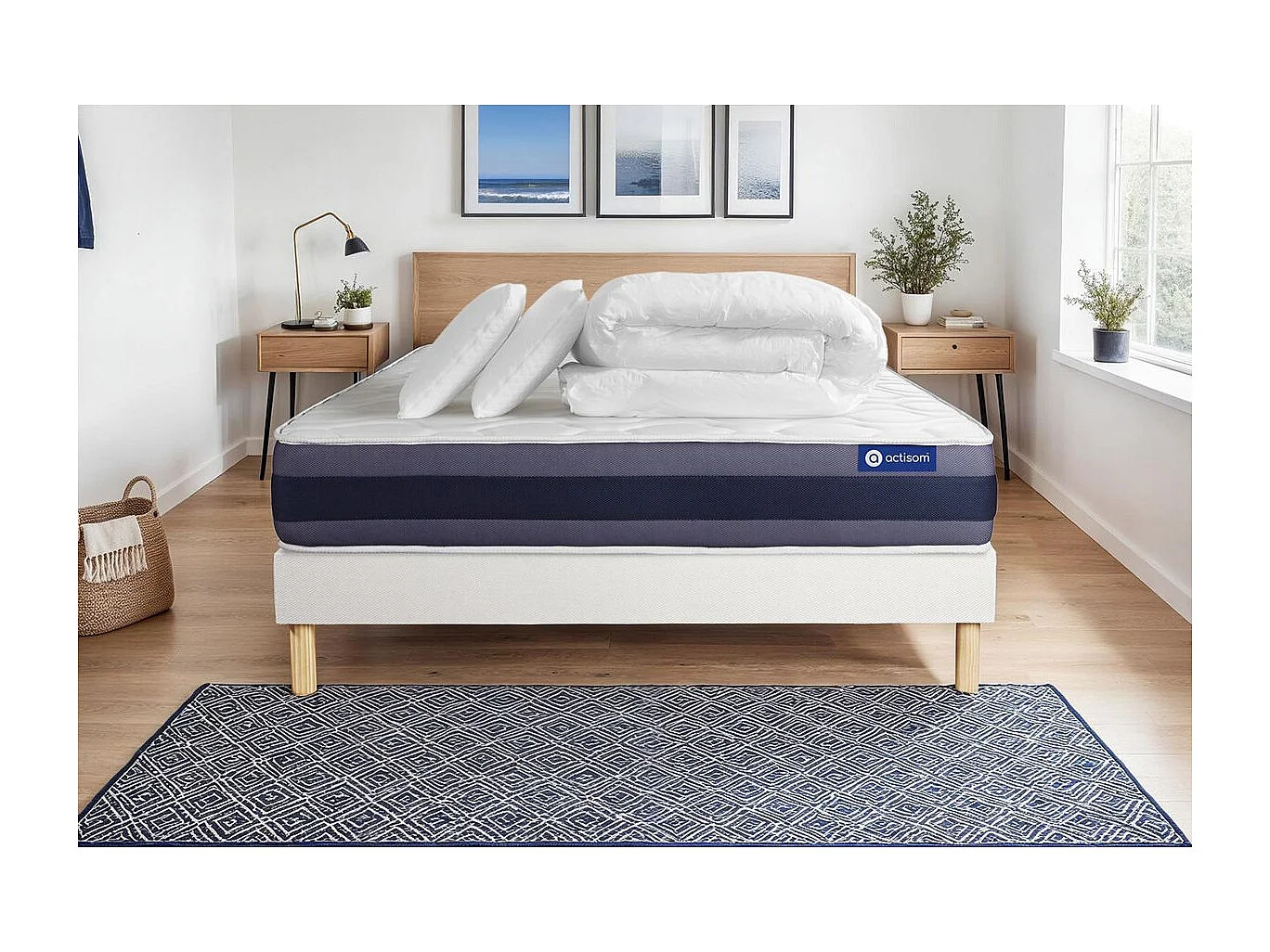 Pack prêt à dormir matelas Ressorts ensachés+Mémoire de forme ACTIFLEX MORPHO 180x200 + sommier KIT blanc +2oreillers+couette