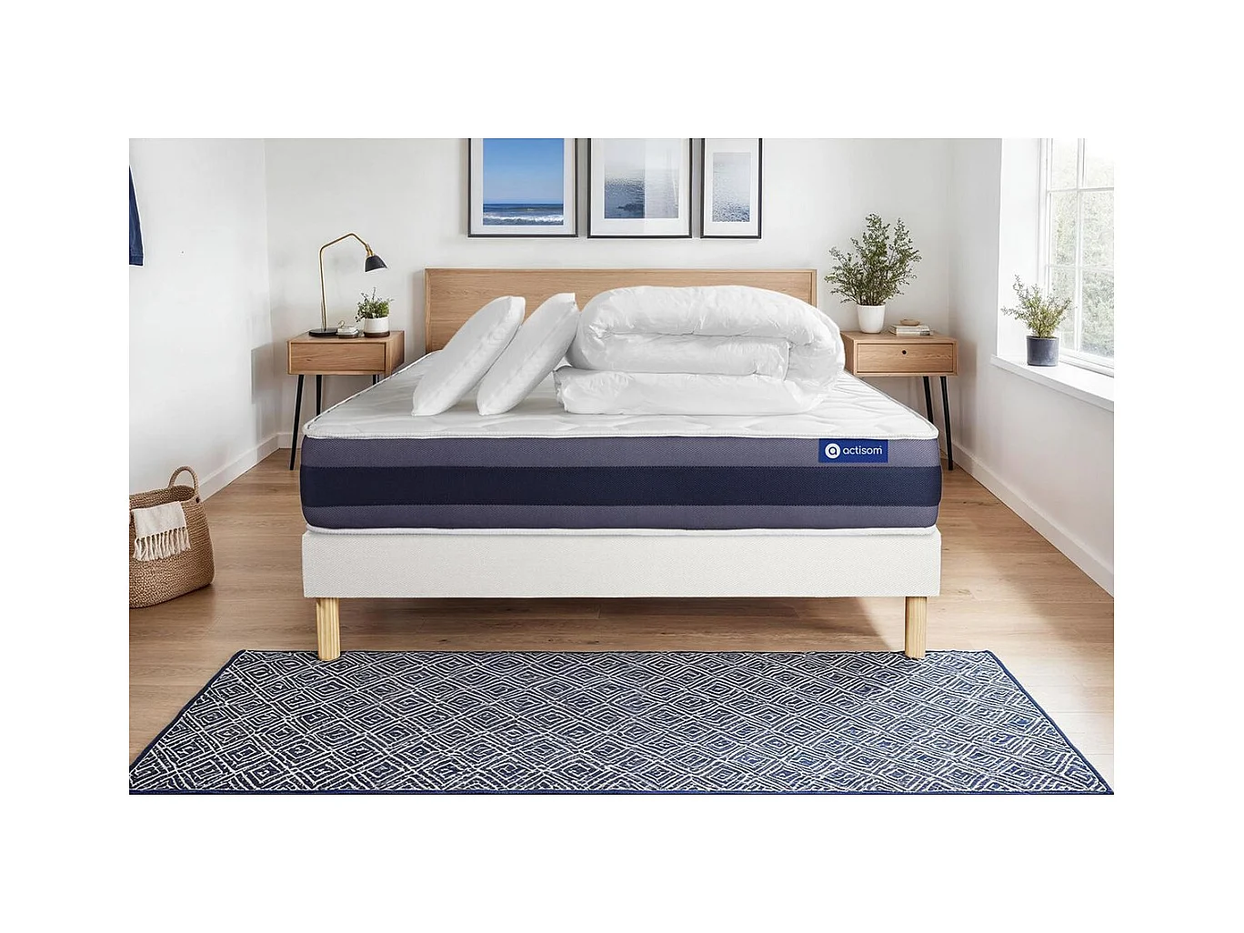 Pack prêt à dormir matelas Ressorts ensachés+Mémoire de forme ACTIFLEX MORPHO 180x200 + sommier KIT blanc +2oreillers+couette