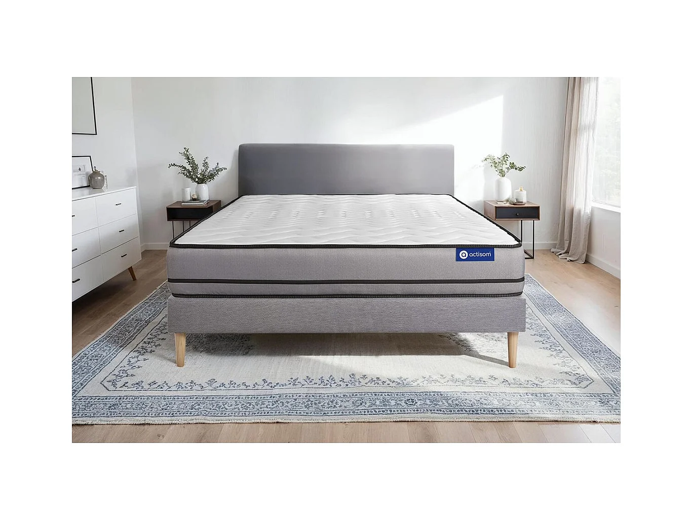 Ensemble matelas ACTILATEX 140x200cm 2 faces à MÉMOIRE DE FORME+LATEX 3zones de confort + sommier KIT gris