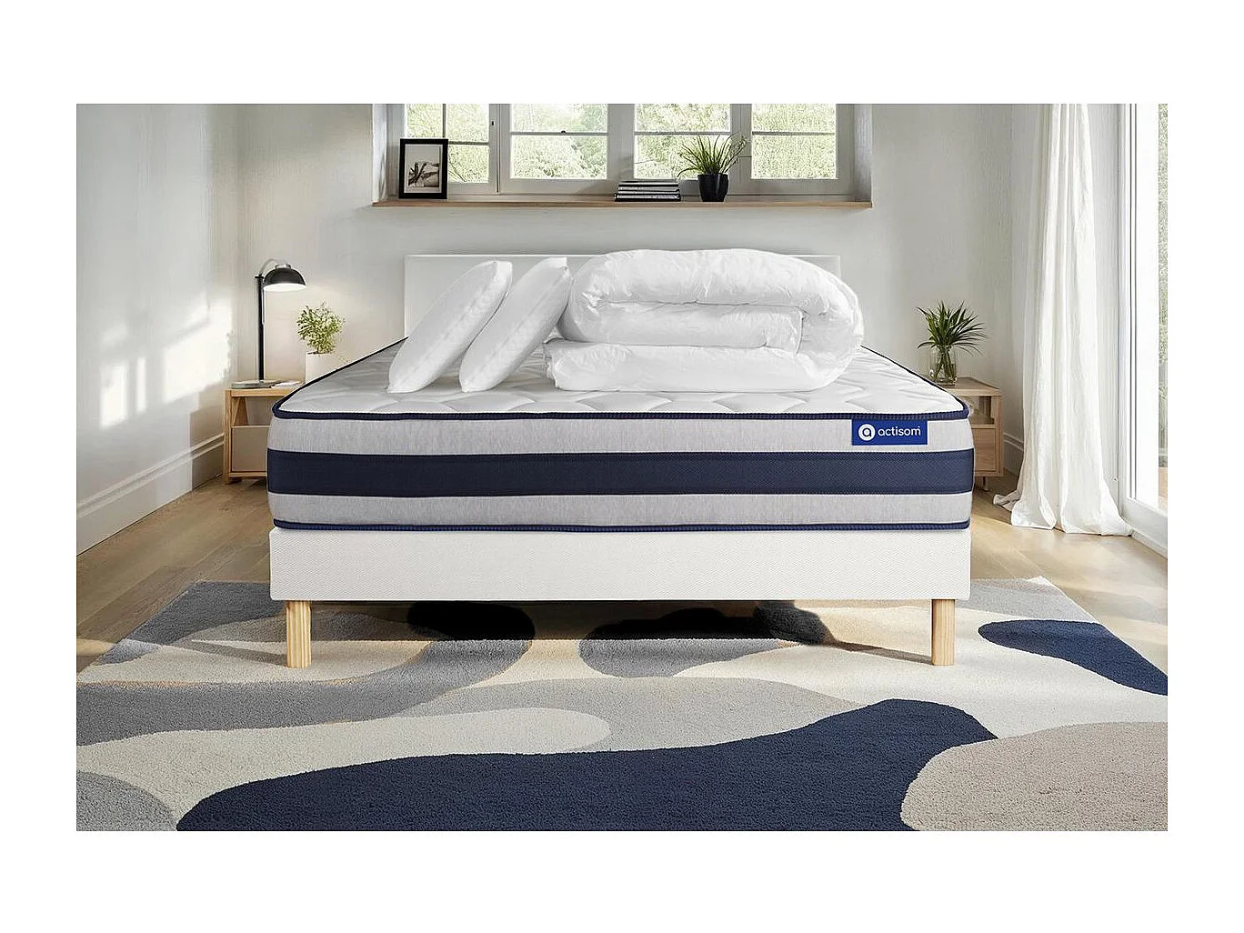 Pack prêt à dormir matelas Mémoire de forme ACTIMEMO ERGO 180x200 cm Maxi épaisseur + sommier KIT blanc + 2oreillers +couette
