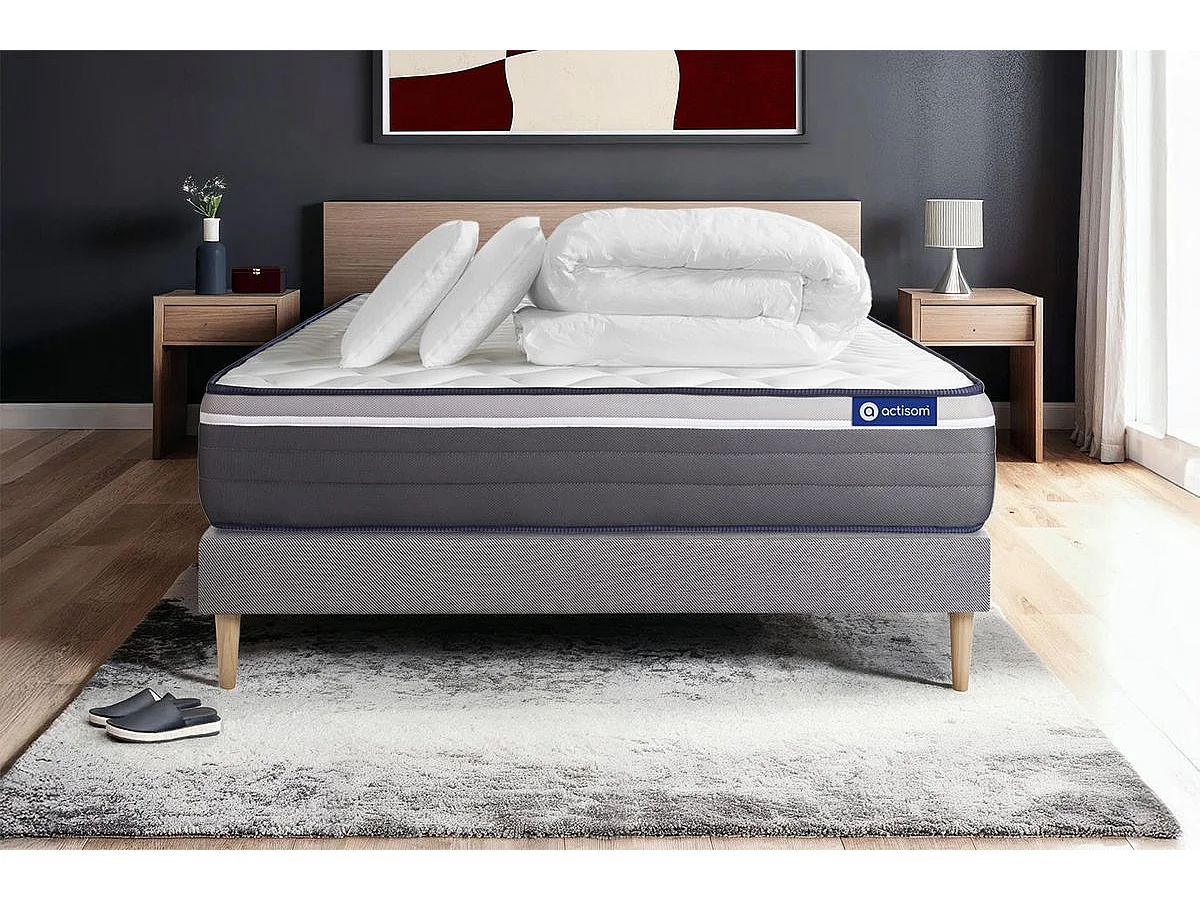 Pack prêt à dormir matelas ACTILATEX PLUS 140x200 cm Latex + Mémoire de forme + sommier KIT gris + 2 oreillers + couette