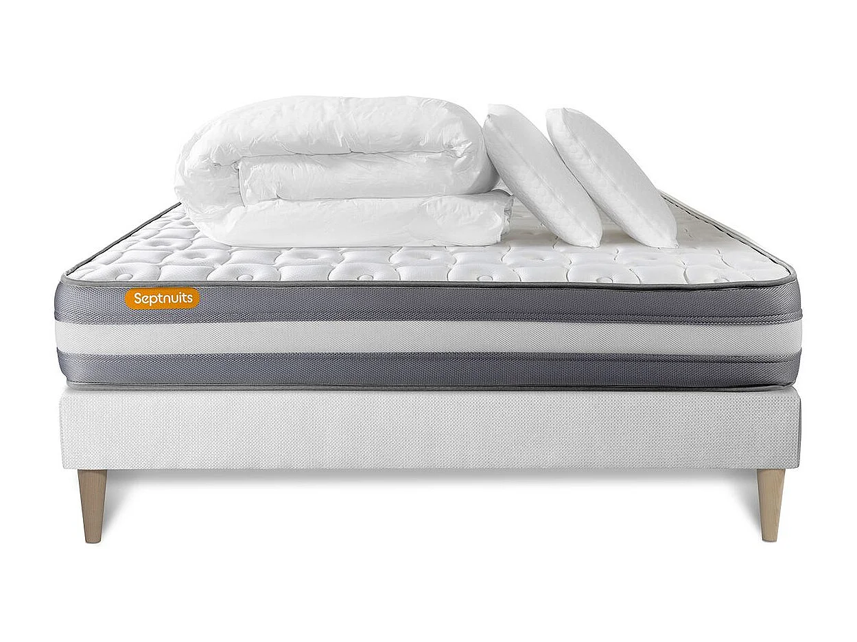 PACK matelas + sommier kit blanc 140x190 Memo Plus Mémoire de forme + 2 oreillers + couette