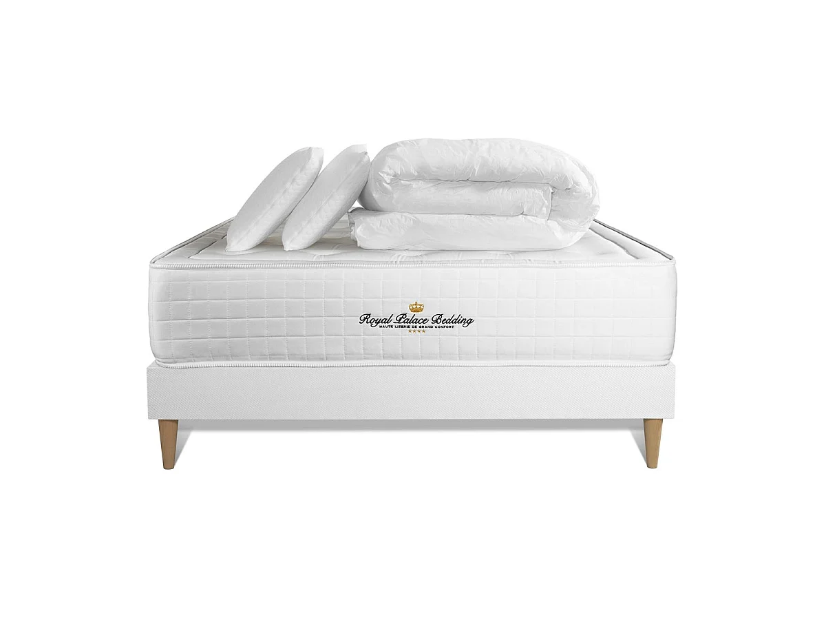 Pack matelas à mémoire de forme maxi épaisseur Buckingham 140x200cm + 2 oreillers + 1 couette 240x220cm