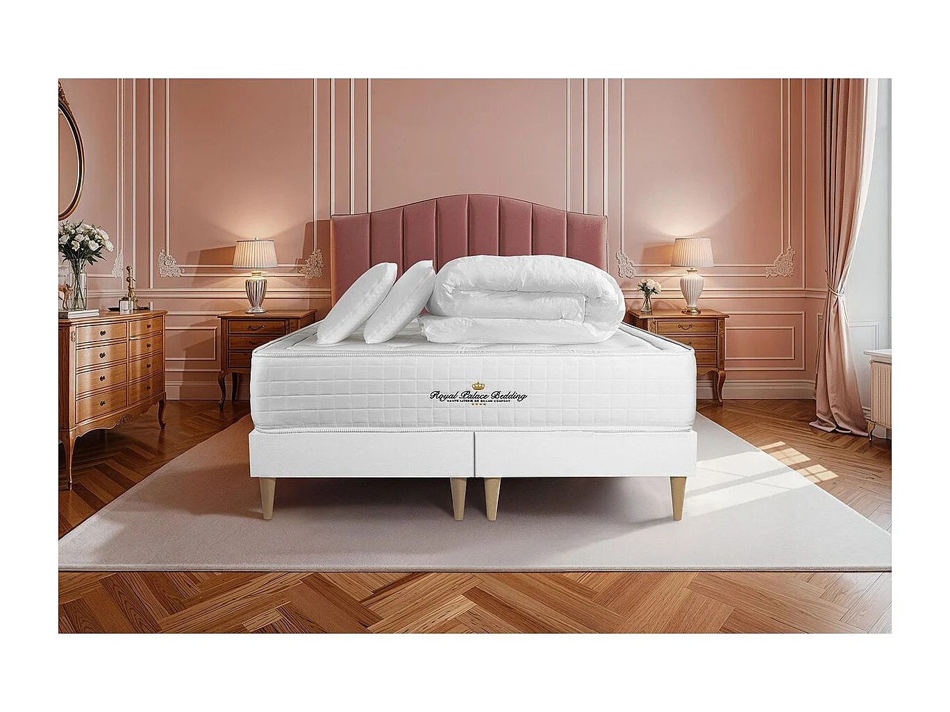 Pack matelas à mémoire de forme maxi épaisseur Buckingham 180x200cm  + double sommier 90x200 cm + 2 oreillers + 1 couette