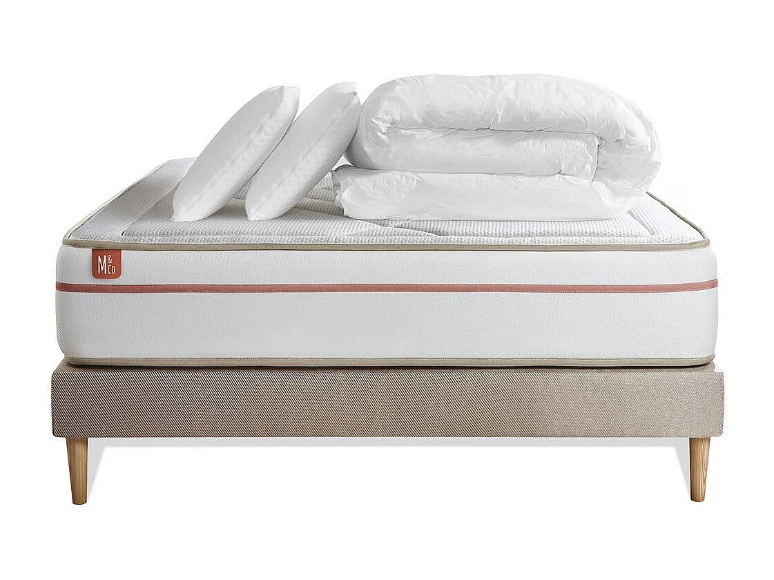 Pack prêt à dormir matelas LE PAISIBLE 140x190cm Mémoire de forme BioVisco + sommier kit Beige + 2 oreillers + couette 240x220