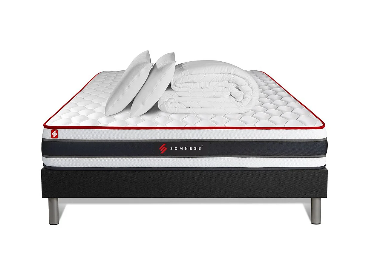 Pack prêt à dormir 200x200 matelas ENERGY ressorts ensachés et mémoire de forme + sommier kit noir + Couette + 2 oreillers