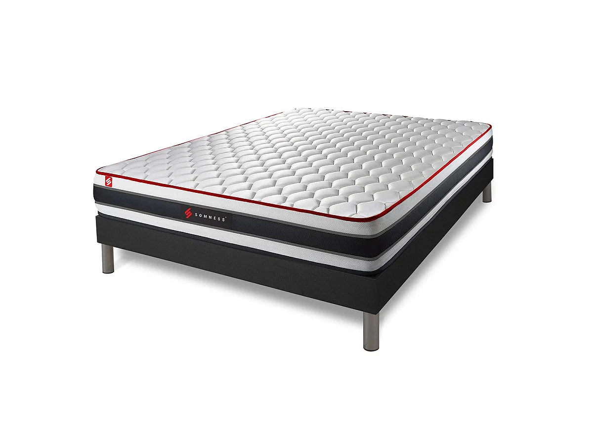 Pack prêt à dormir 200x200 matelas ENERGY ressorts ensachés et mémoire de forme + sommier kit noir + Couette + 2 oreillers