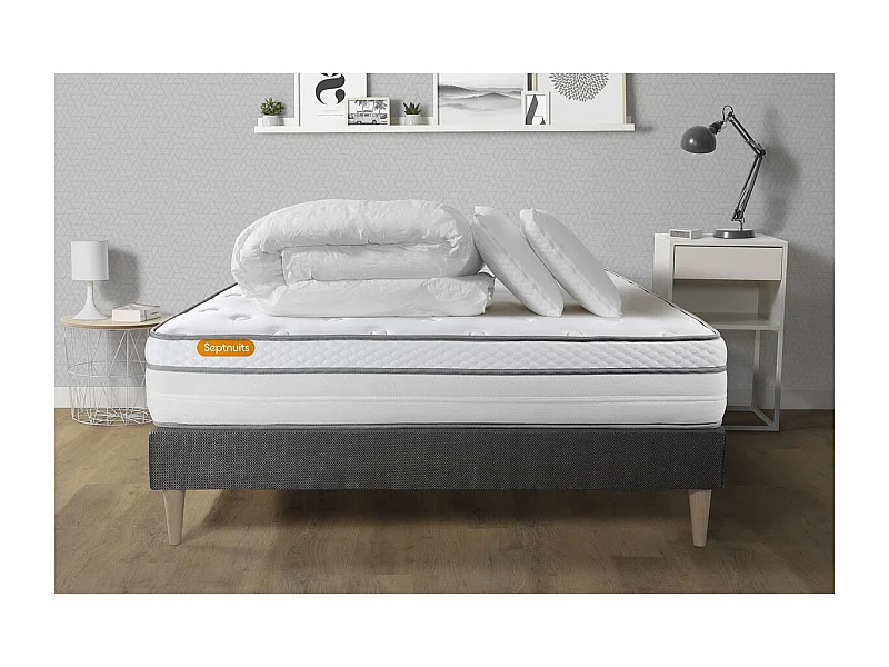 Pack matelas + sommier kit gris 140x200 Memo Luxe Ressorts ensachés + mémoire de forme + Couette + 2 oreillers