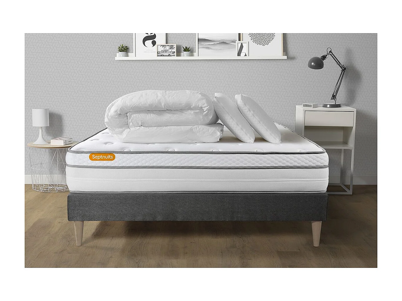 Pack matelas + sommier kit gris 140x200 Memo Luxe Ressorts ensachés + mémoire de forme + Couette + 2 oreillers