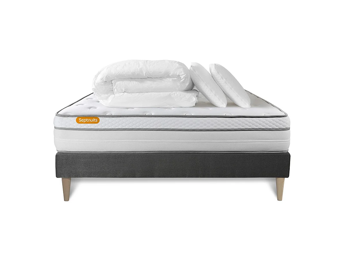 Pack matelas + sommier kit gris 140x200 Memo Luxe Ressorts ensachés + mémoire de forme + Couette + 2 oreillers