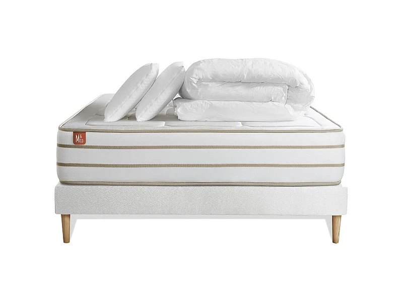 Pack prêt à dormir matelas LE DOUILLET 140x200cm Mémoire de forme BioVisco + sommier kit Blanc + 2 oreillers + couette