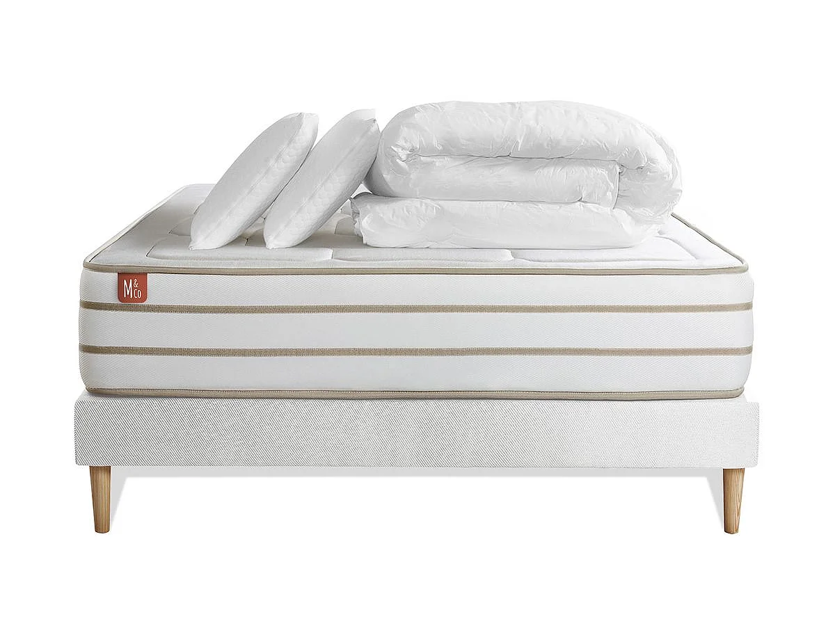 Pack prêt à dormir matelas LE DOUILLET 140x200cm Mémoire de forme BioVisco + sommier kit Blanc + 2 oreillers + couette
