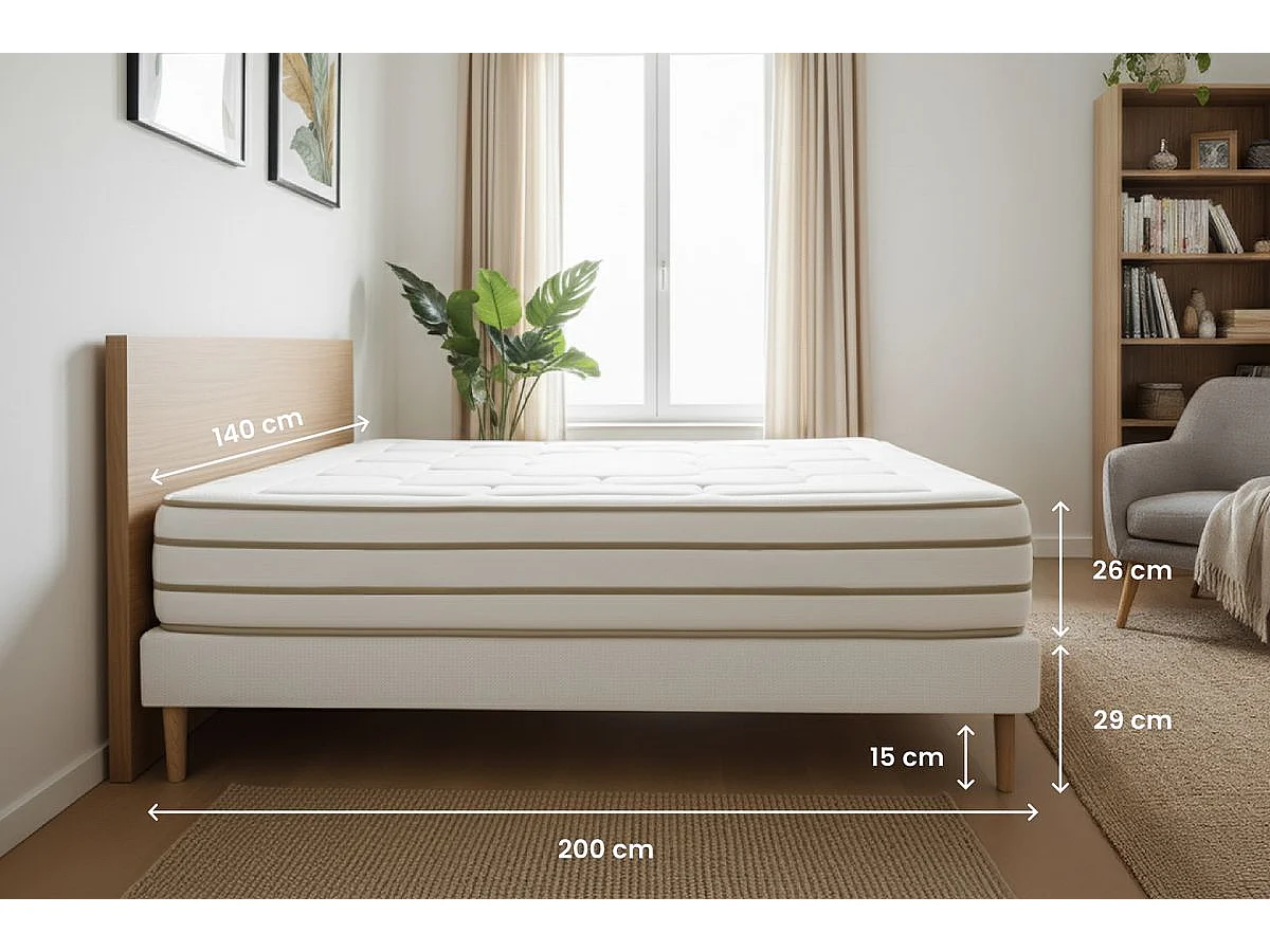Pack prêt à dormir matelas LE DOUILLET 140x200cm Mémoire de forme BioVisco + sommier kit Blanc + 2 oreillers + couette