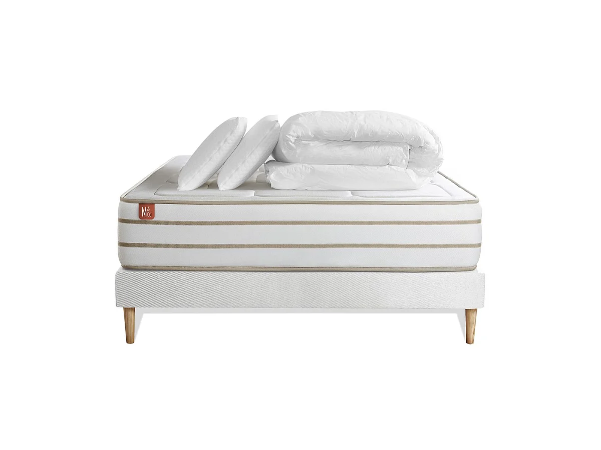 Pack prêt à dormir matelas LE DOUILLET 140x200cm Mémoire de forme BioVisco + sommier kit Blanc + 2 oreillers + couette