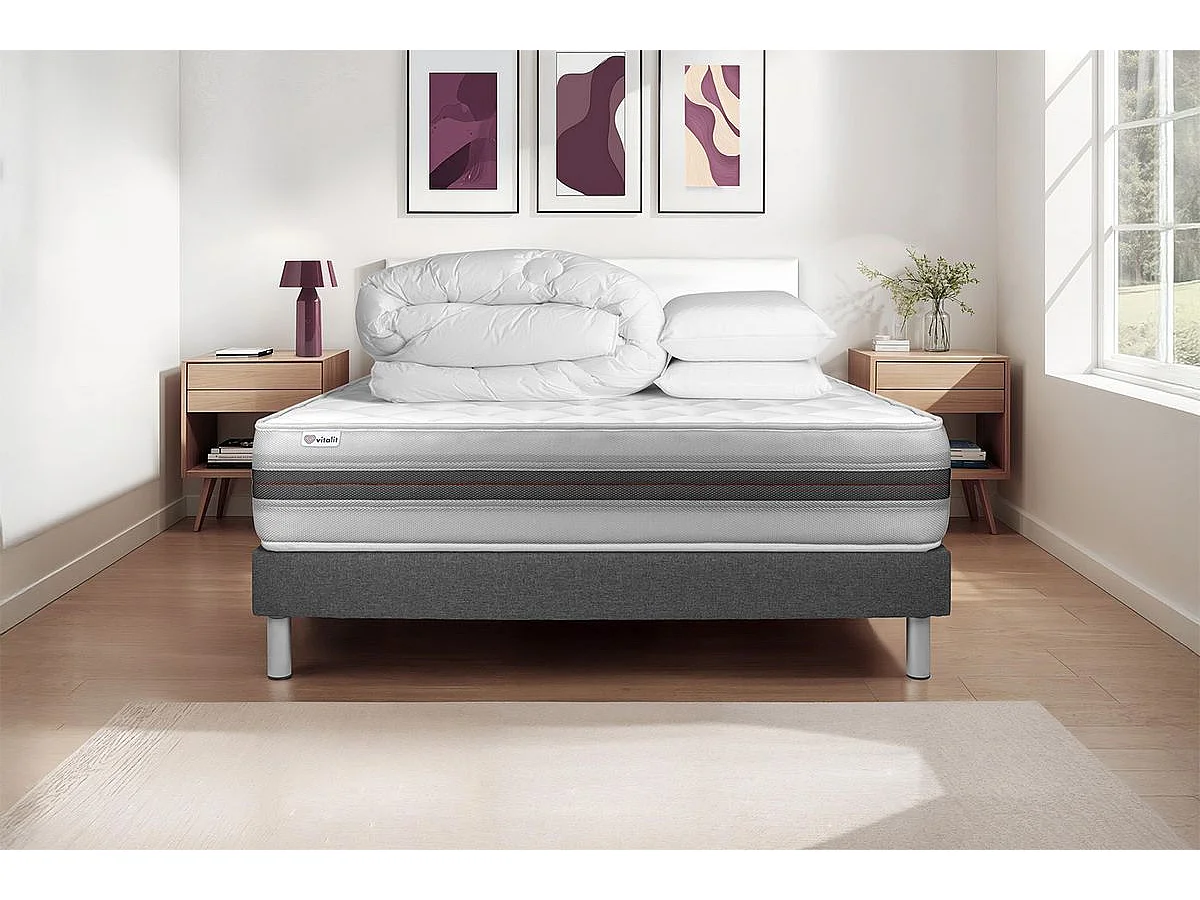 Compleet bedpakket - Matras 140x190 cm + Boxspring met lattenbodem (kit) + 2 kussens + Dekbed - Vitalmemo Back
