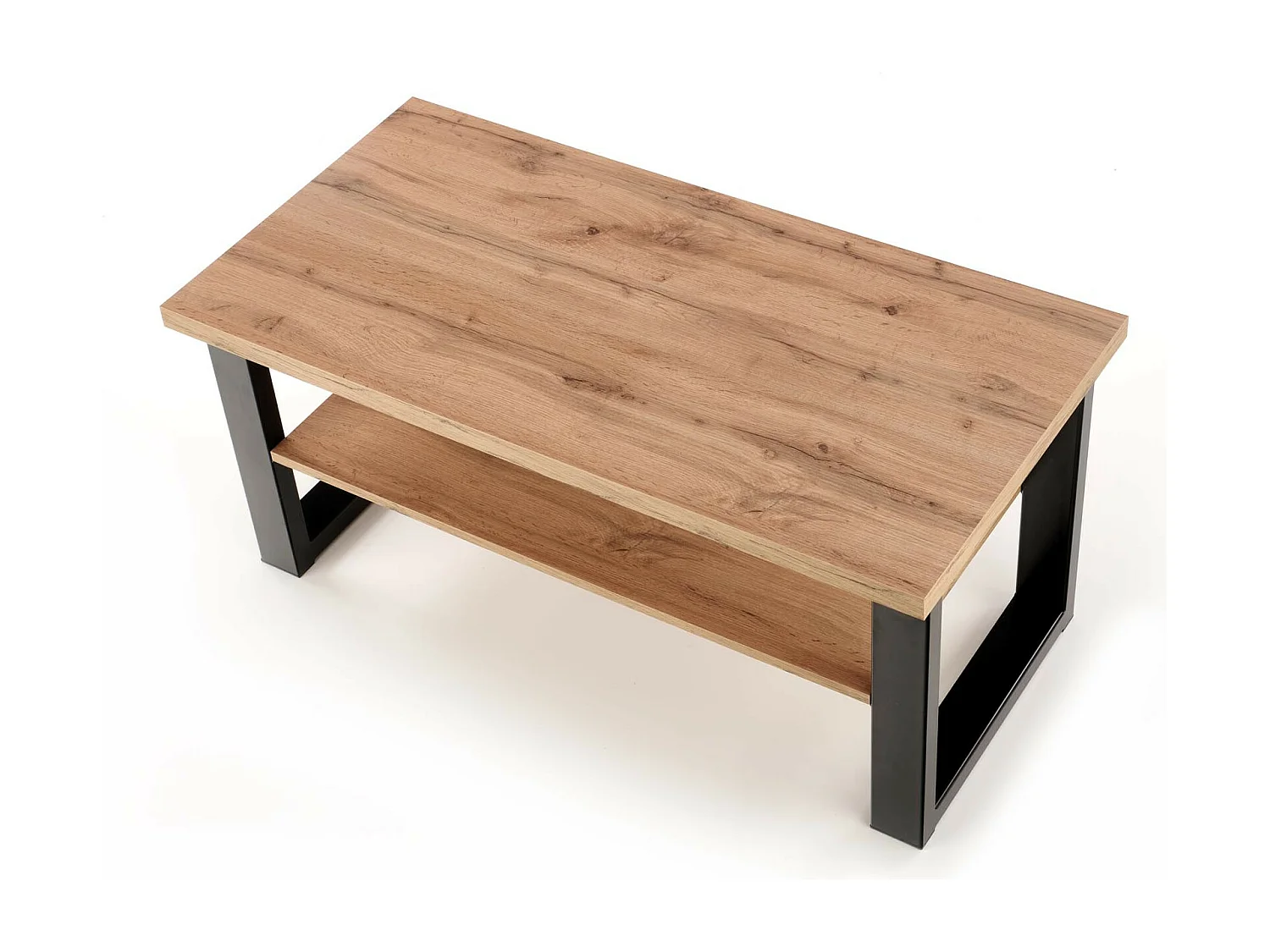 Mesa de centro de estilo industrial de 120x60 cm con tablero de aspecto roble wotan y estante ARIES