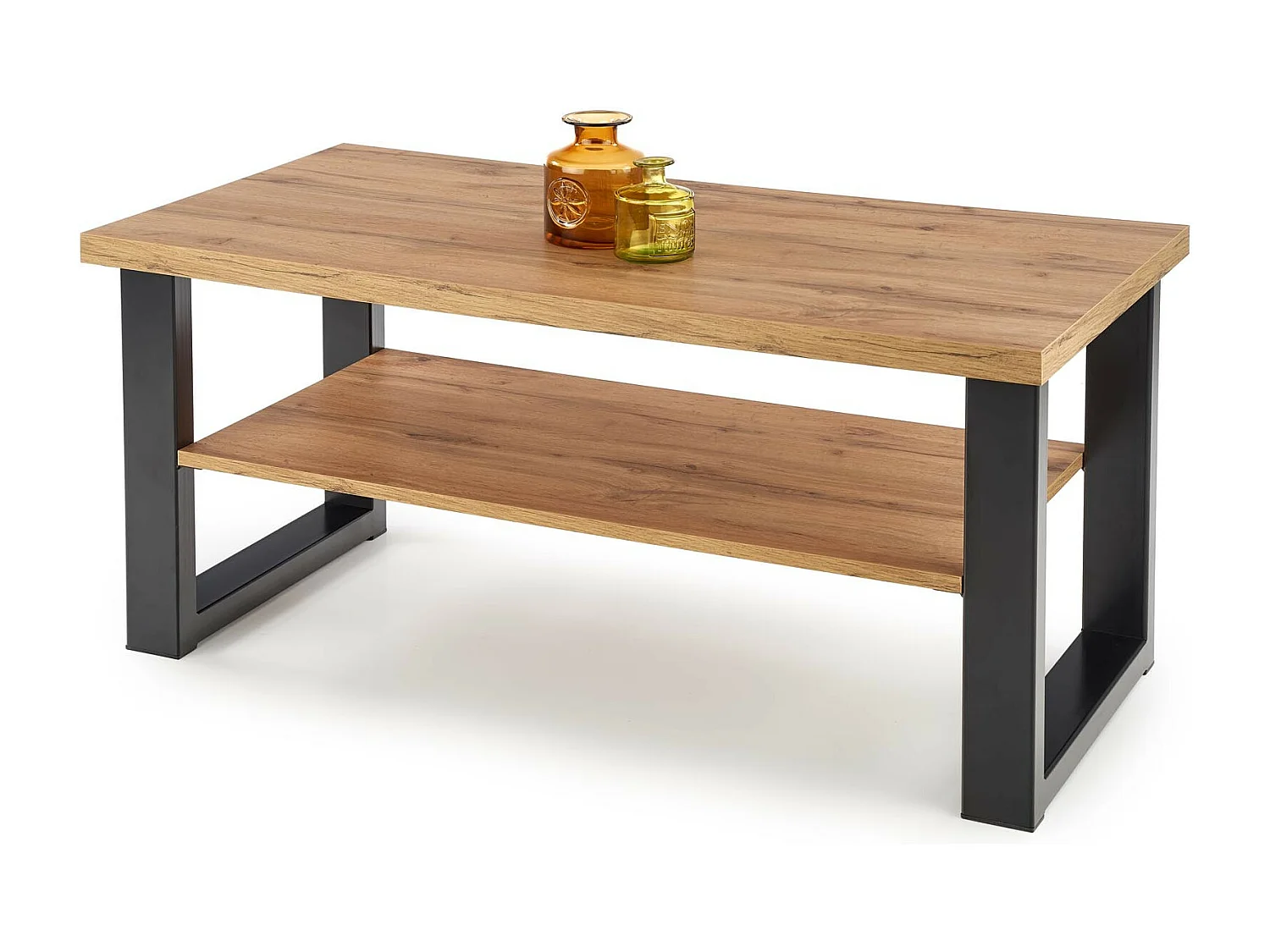 Mesa de centro de estilo industrial de 120x60 cm con tablero de aspecto roble wotan y estante ARIES