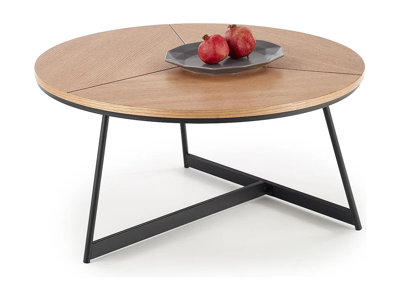 Table basse ronde avec plateau aspect chêne 80cm et piètement design en métal noir PHEBUS