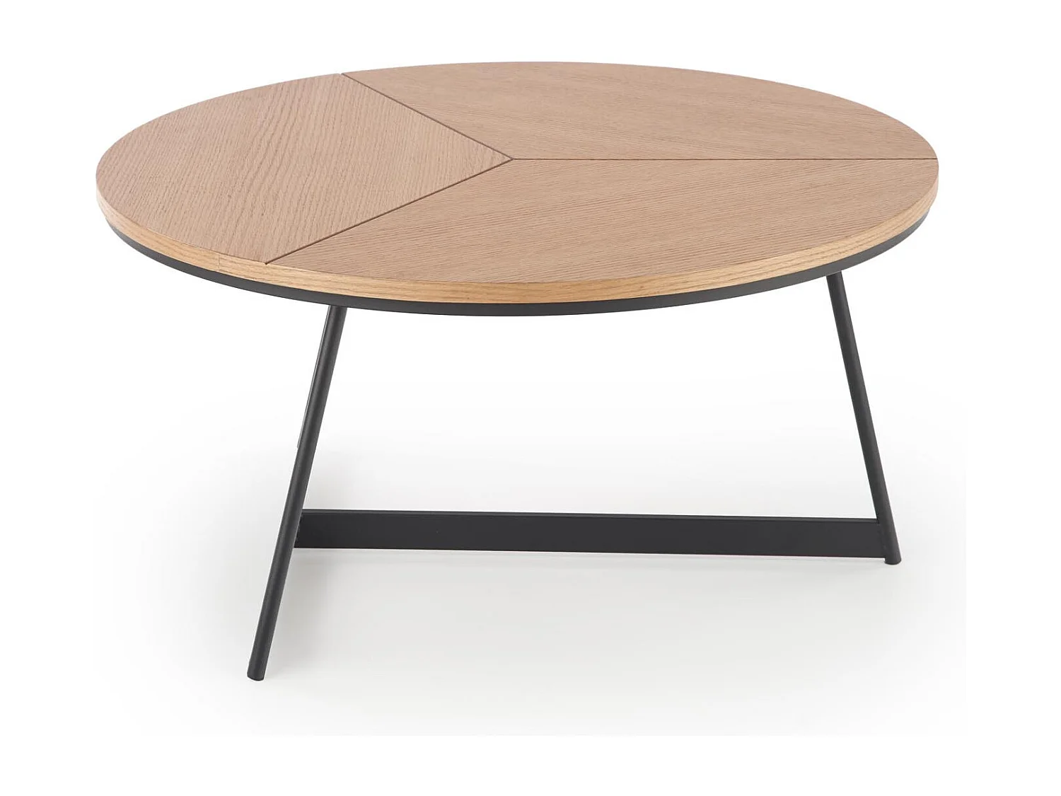 Table basse ronde avec plateau aspect chêne 80cm et piètement design en métal noir PHEBUS