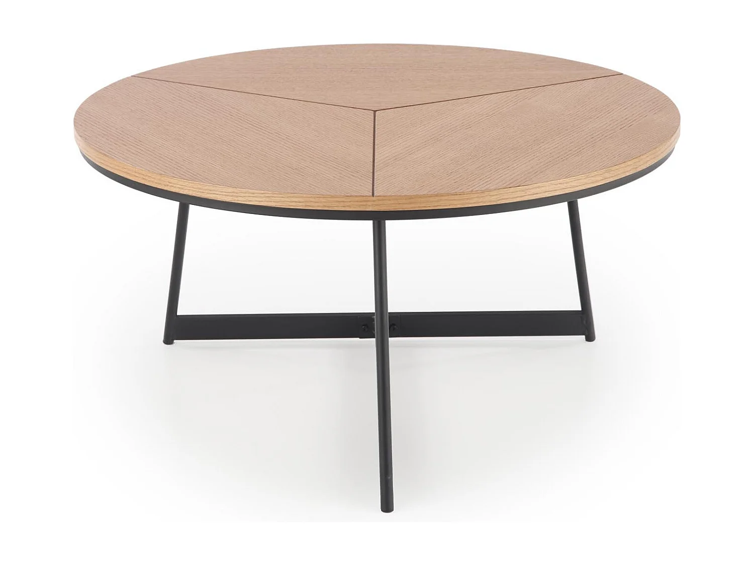 Table basse ronde avec plateau aspect chêne 80cm et piètement design en métal noir PHEBUS