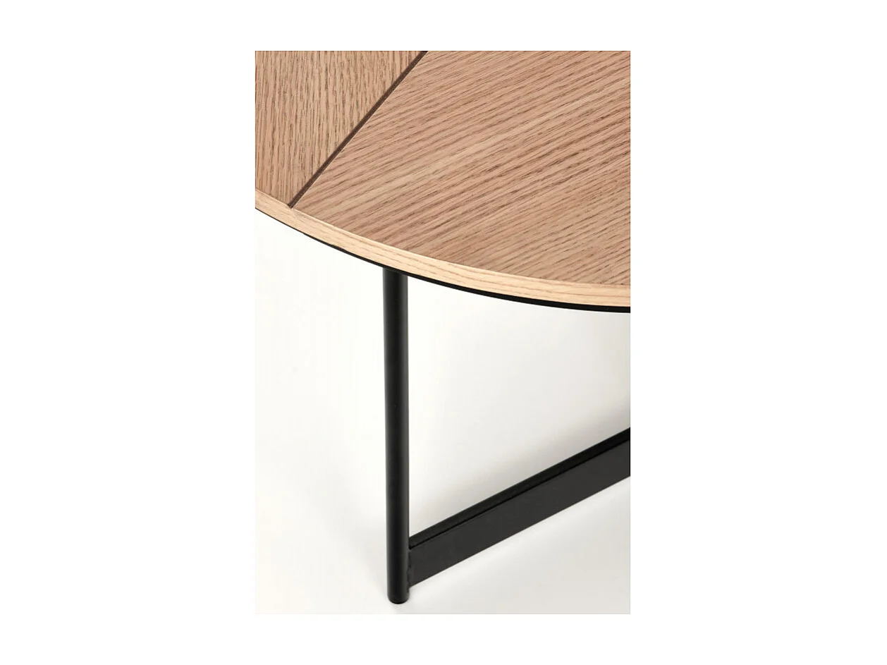 Table basse ronde avec plateau aspect chêne 80cm et piètement design en métal noir PHEBUS