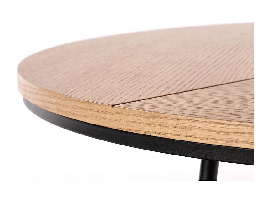 Table basse ronde avec plateau aspect chêne 80cm et piètement design en métal noir PHEBUS