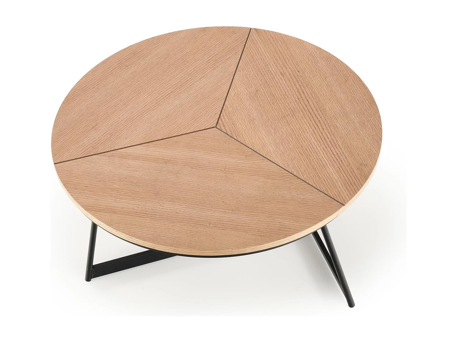 Table basse ronde avec plateau aspect chêne 80cm et piètement design en métal noir PHEBUS