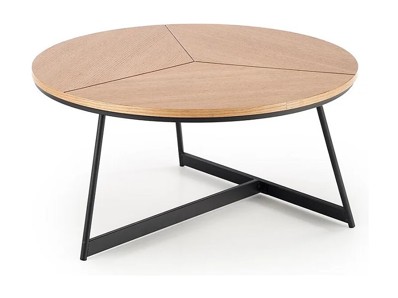 Table basse ronde avec plateau aspect chêne 80cm et piètement design en métal noir PHEBUS