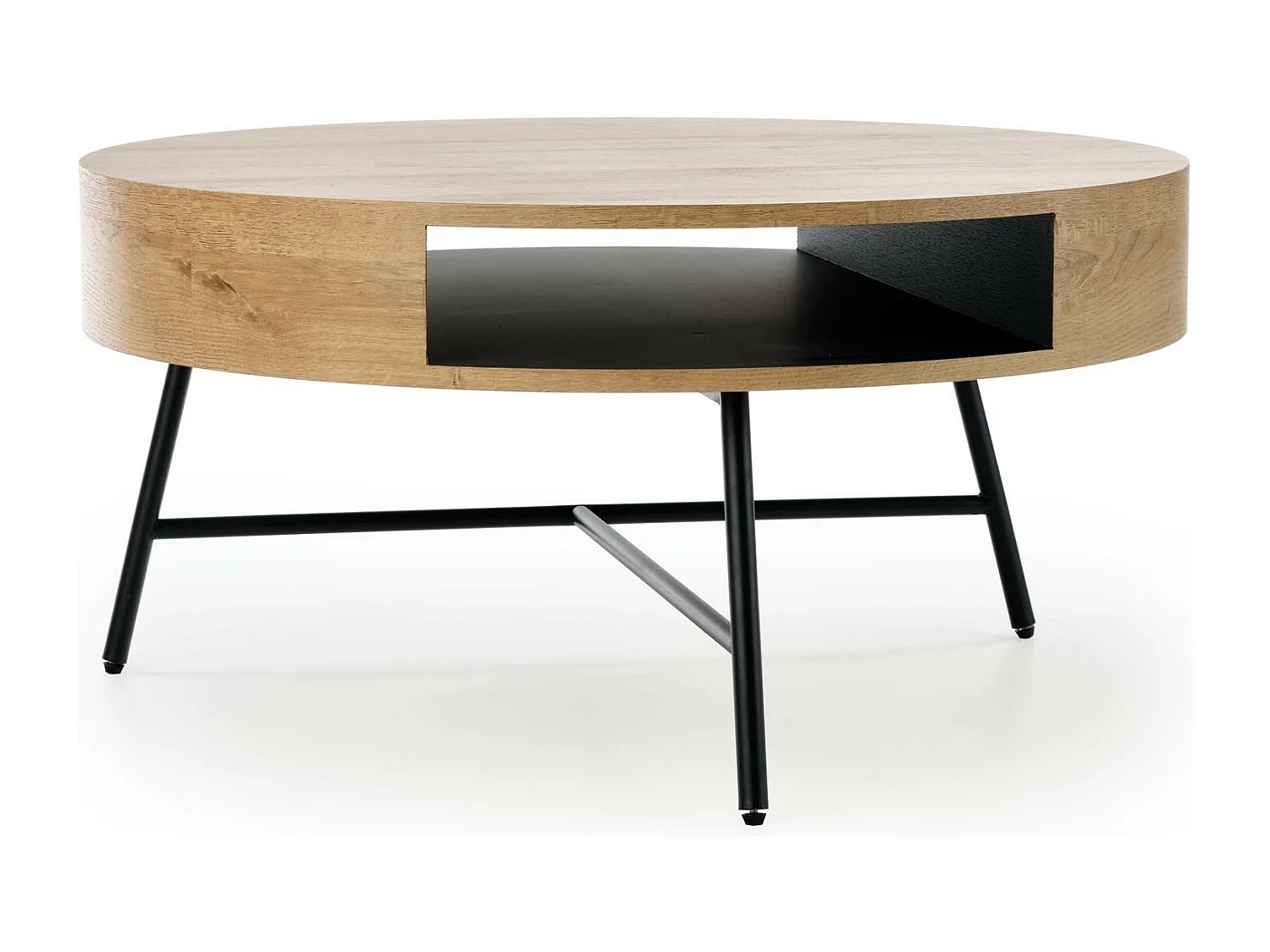 Tavolino rotondo di 80 cm di diametro in rovere dorato con struttura in metallo nero BELENOS