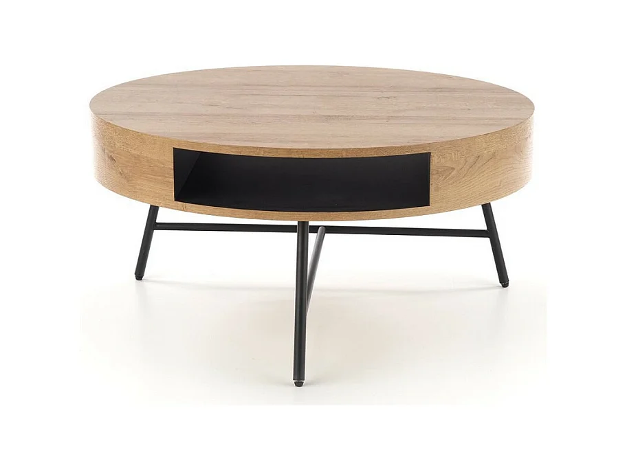 Table basse ronde 80 cm de diamètre aspect chêne doré avec structure en métal noir BELENOS