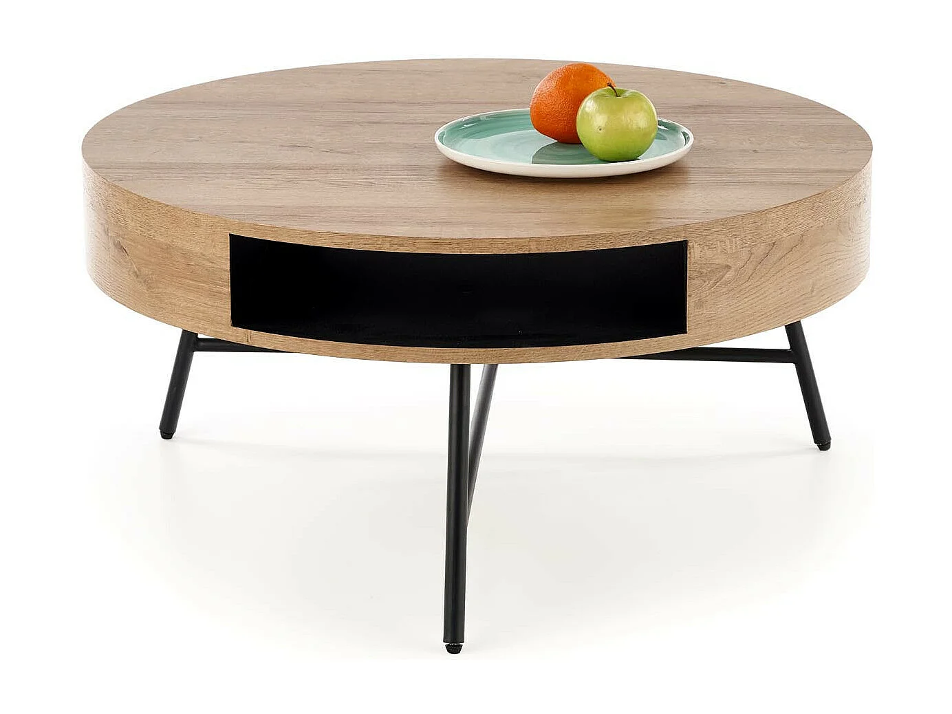 Mesa de centro redonda de 80 cm de diámetro en roble dorado con marco de metal negro BELENOS