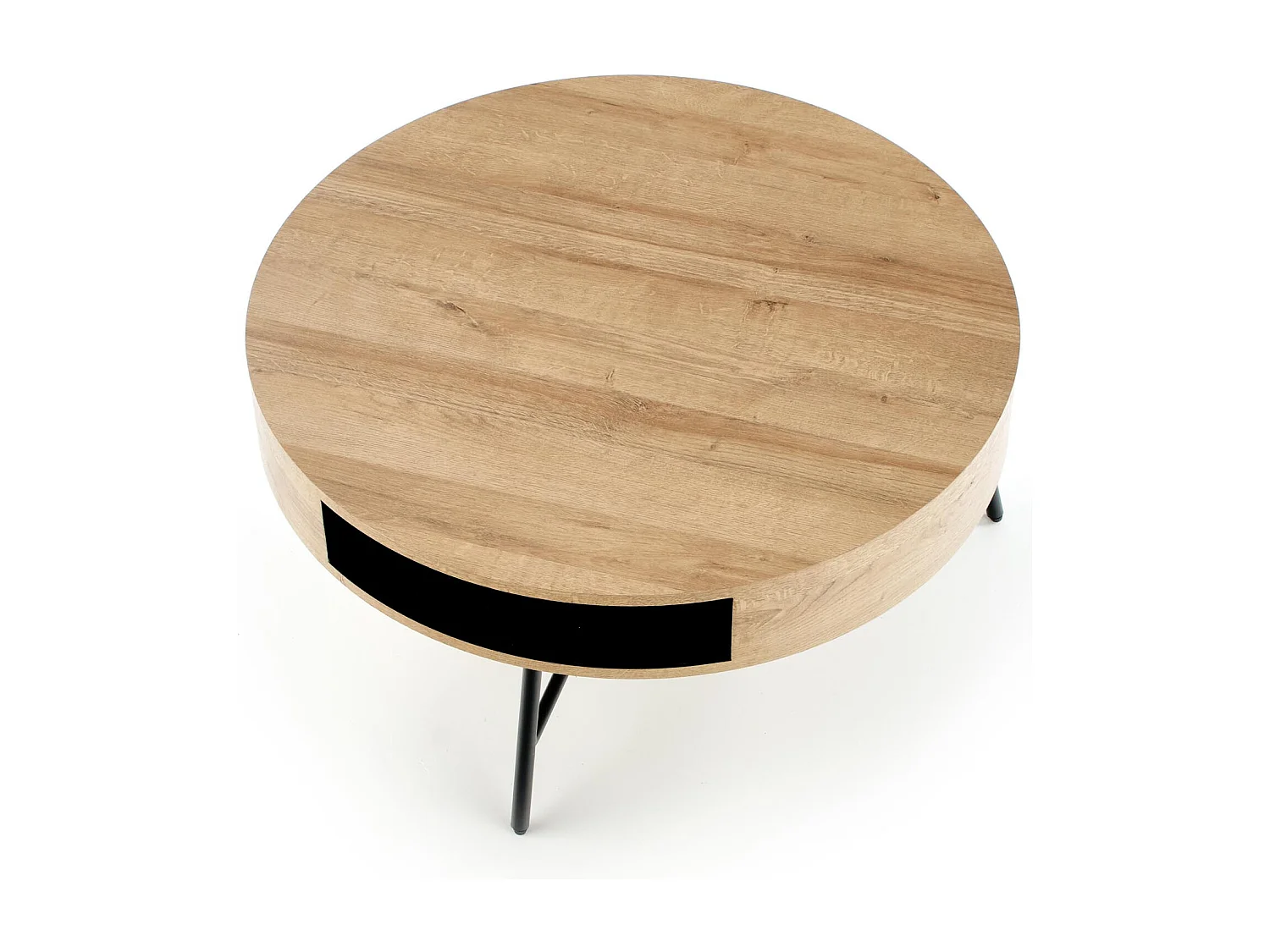 Mesa de centro redonda de 80 cm de diámetro en roble dorado con marco de metal negro BELENOS