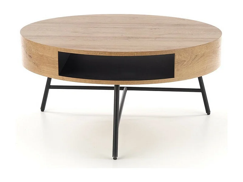 Tavolino rotondo di 80 cm di diametro in rovere dorato con struttura in metallo nero BELENOS