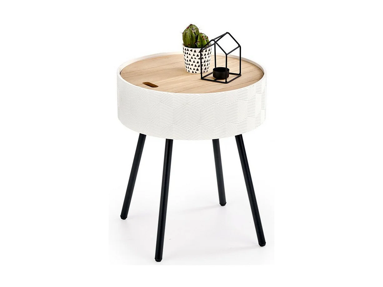 Table basse ronde blanche avec rangement et pieds en métal noir Canopée