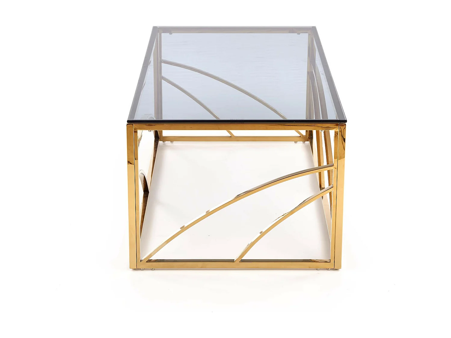 Mesa de centro de 60x120cm con estructura de acero dorado y tapa de cristal ahumado Sochic