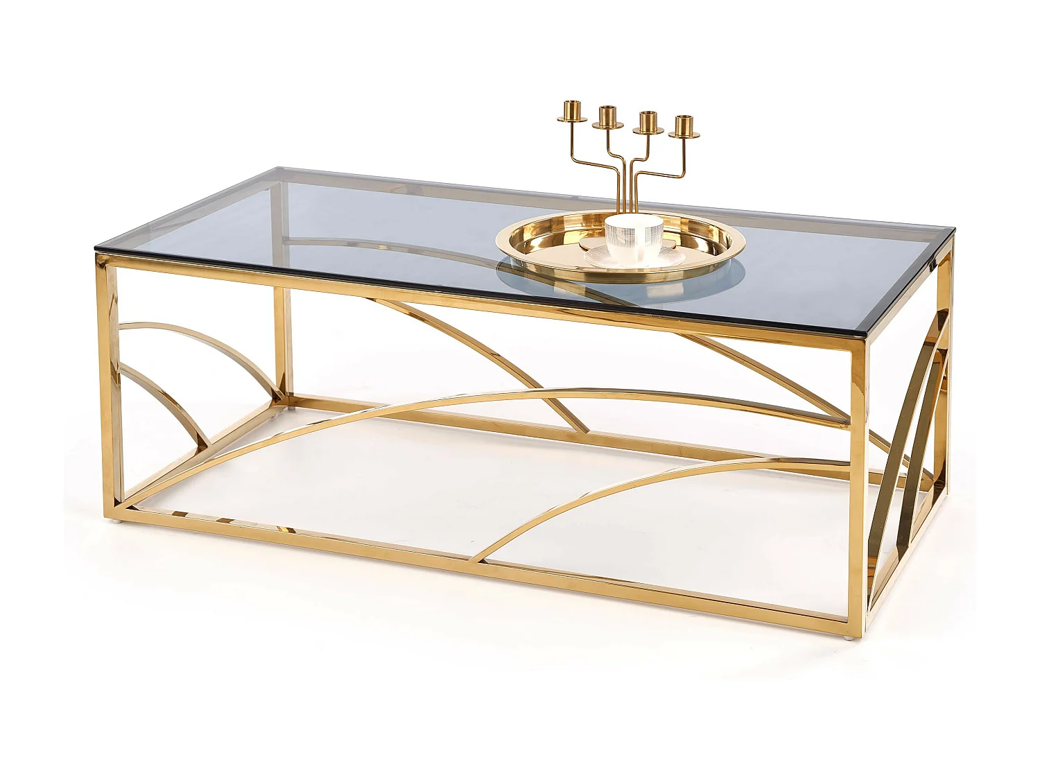 Table basse 60x120cm avec structure en acier doré et plateau en verre fumé Sochic