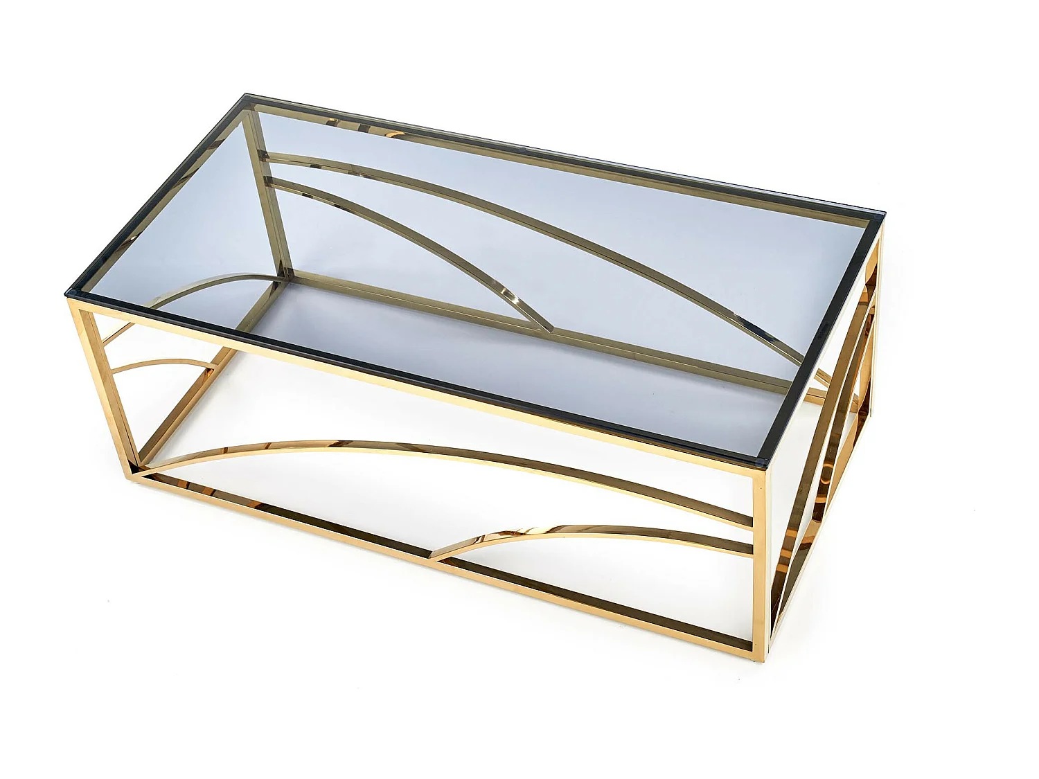 Table basse 60x120cm avec structure en acier doré et plateau en verre fumé Sochic