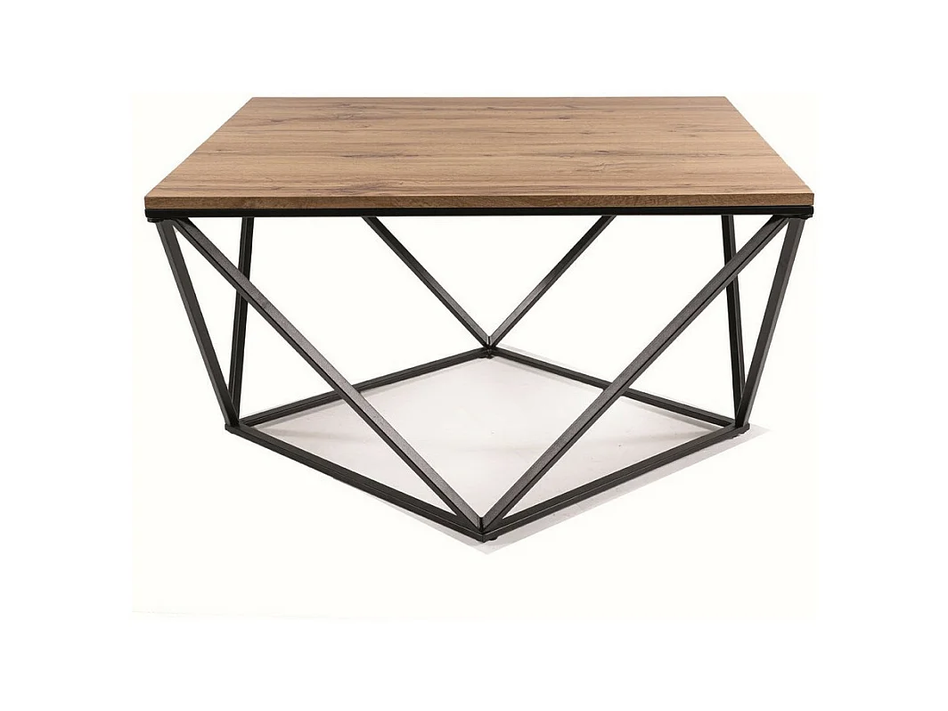 Table basse design avec plateau 80x80 aspect chêne et piètement noir Emily