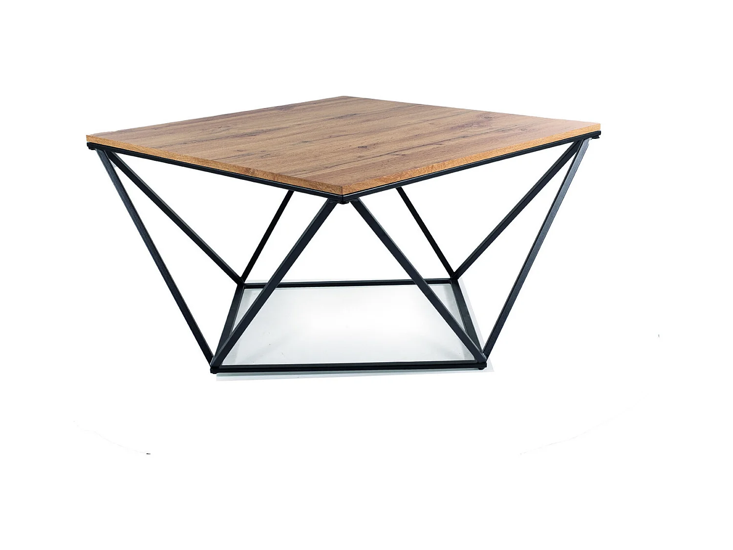 Mesa de centro de diseño con tablero 80x80 de aspecto roble y base negra Emily