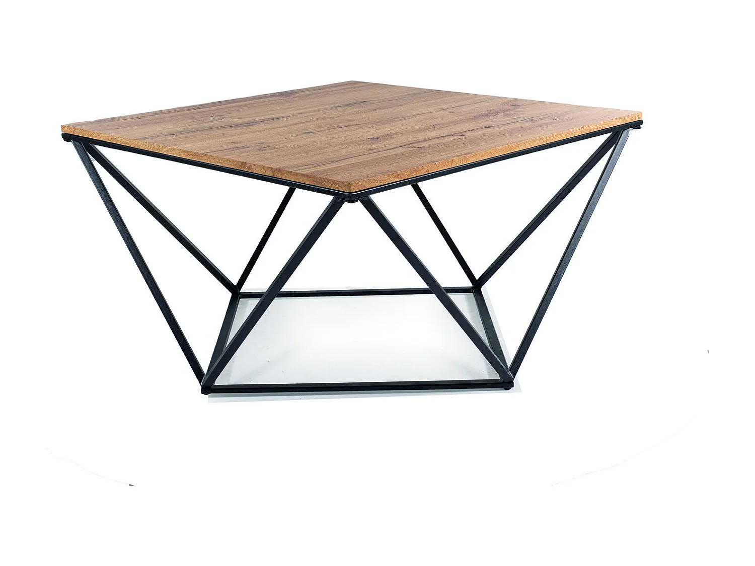 Table basse design avec plateau 80x80 aspect chêne et piètement noir Emily
