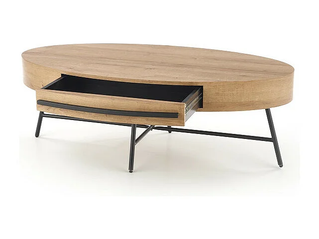 Table basse ovale 120x60 avec tiroir aspect chêne doré avec pied en métal noir HYDRA