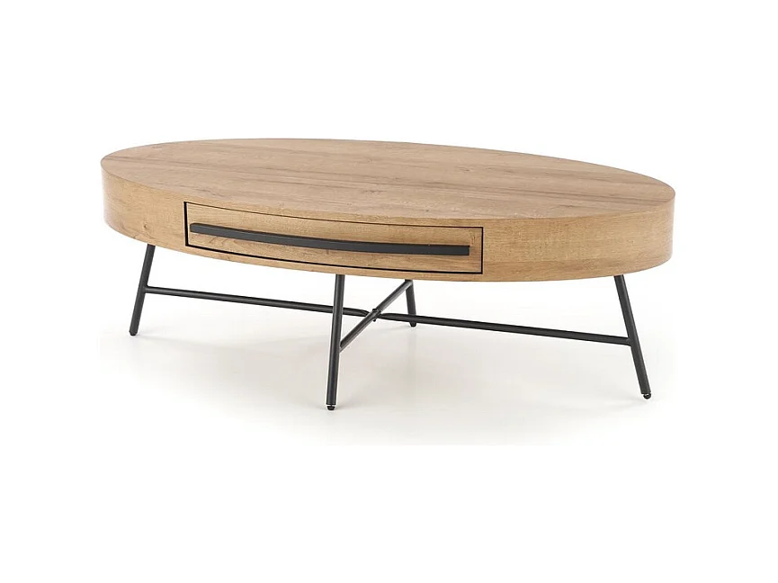 Table basse ovale 120x60 avec tiroir aspect chêne doré avec pied en métal noir HYDRA
