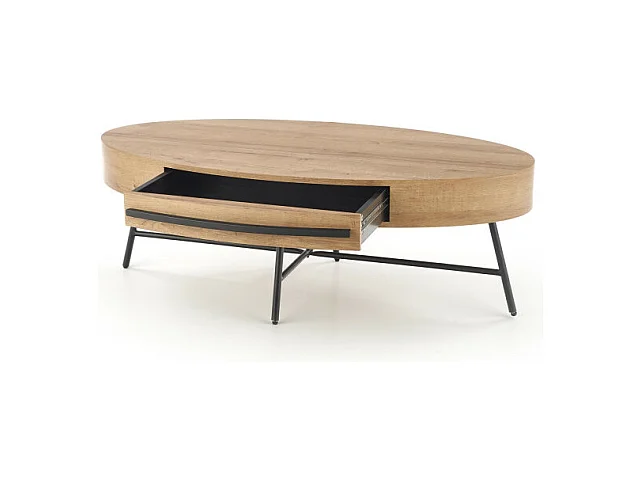 Tavolino ovale 120x60 con cassetto in rovere dorato e base in metallo nero HYDRA