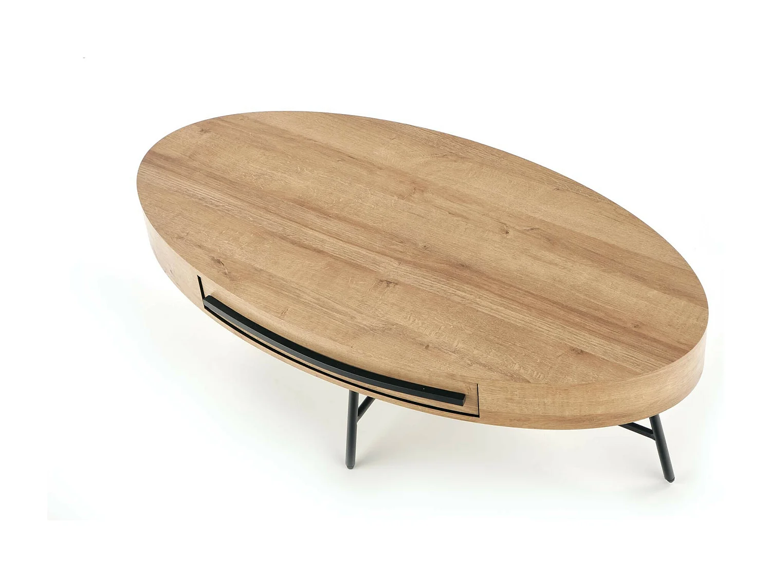 Table basse ovale 120x60 avec tiroir aspect chêne doré avec pied en métal noir HYDRA