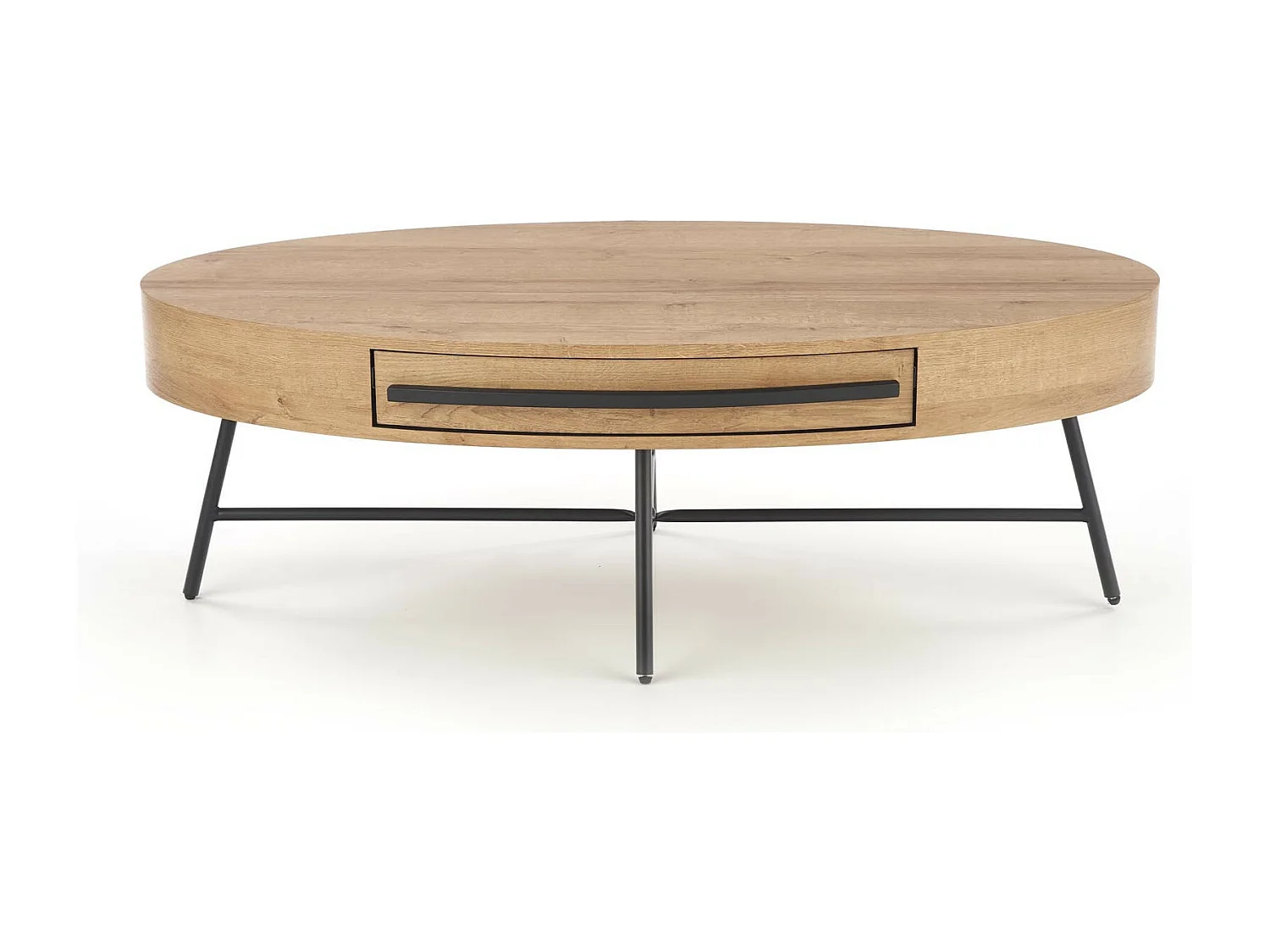 Table basse ovale 120x60 avec tiroir aspect chêne doré avec pied en métal noir HYDRA