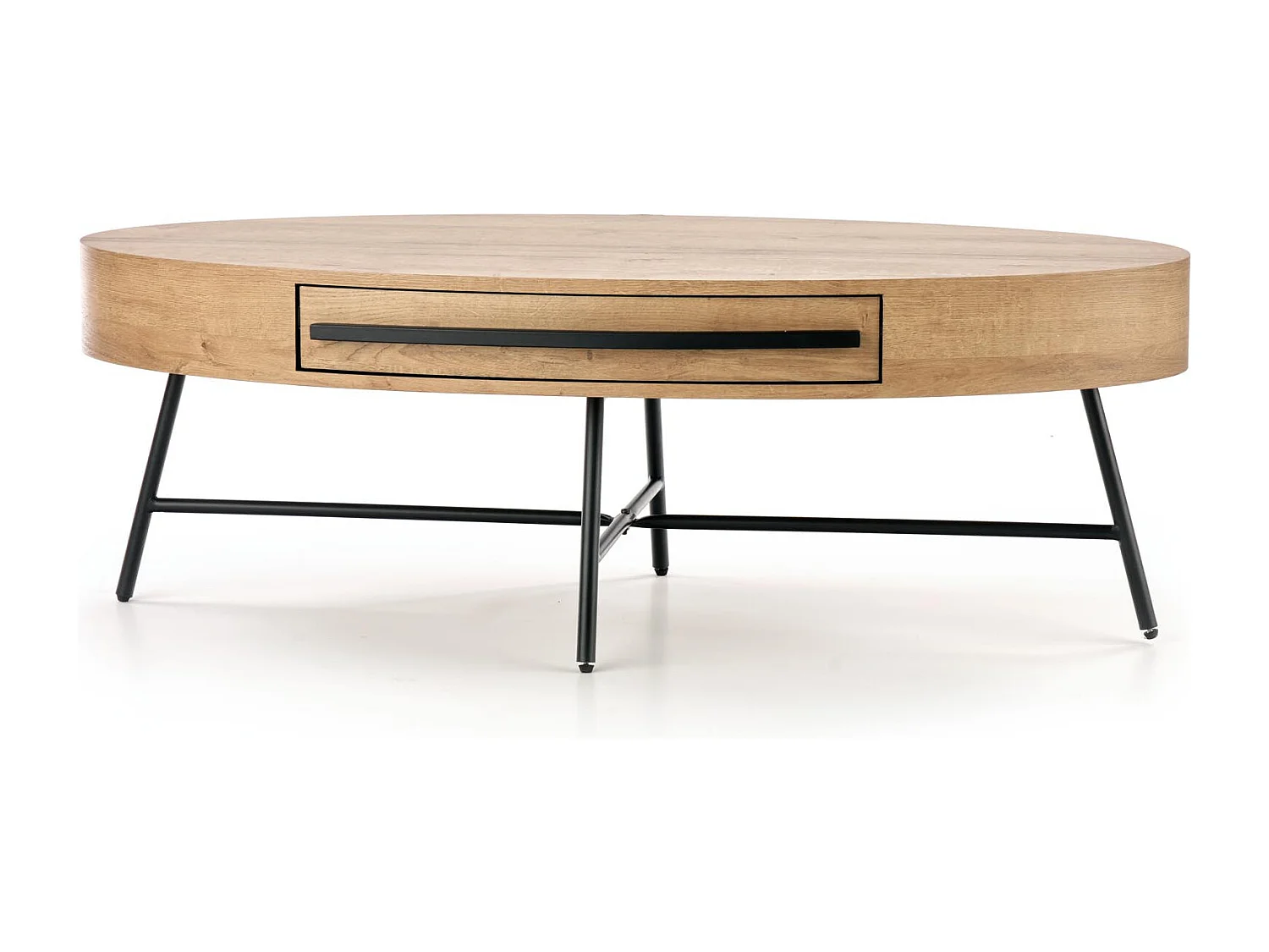 Table basse ovale 120x60 avec tiroir aspect chêne doré avec pied en métal noir HYDRA