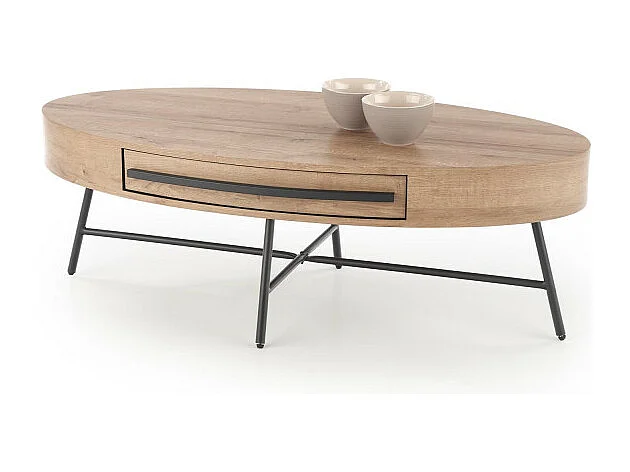 Table basse ovale 120x60 avec tiroir aspect chêne doré avec pied en métal noir HYDRA