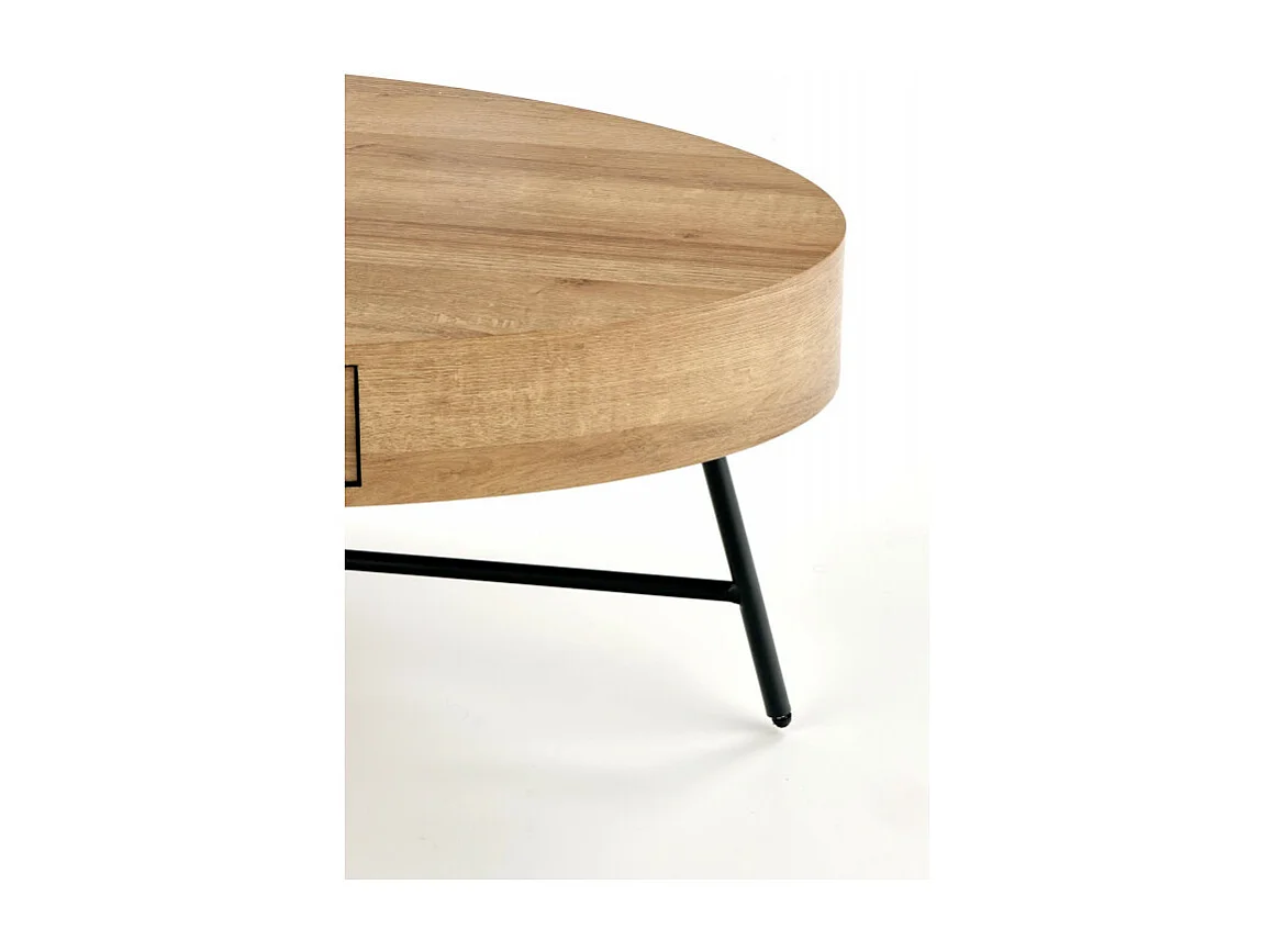 Table basse ovale 120x60 avec tiroir aspect chêne doré avec pied en métal noir HYDRA
