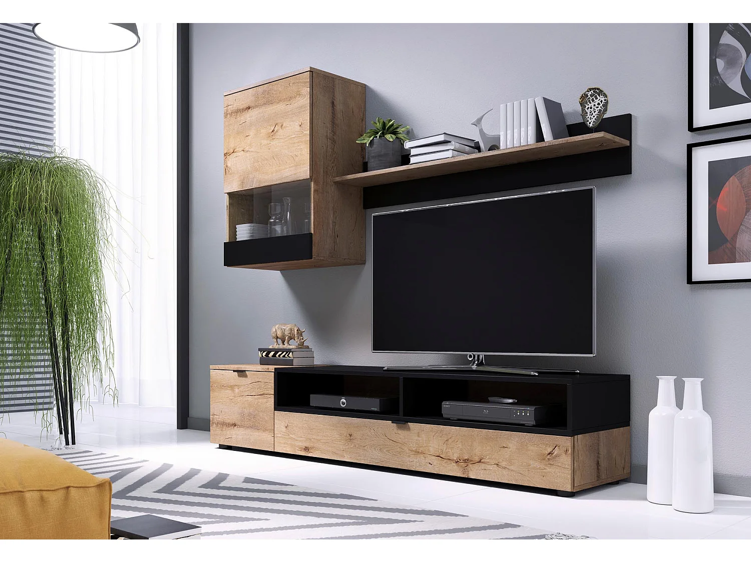 Ensemble meuble TV aspect chêne Lefkas et noir mat STREAM