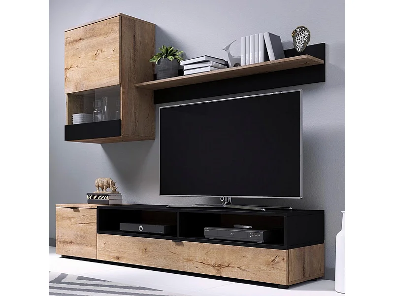 Ensemble meuble TV aspect chêne Lefkas et noir mat STREAM